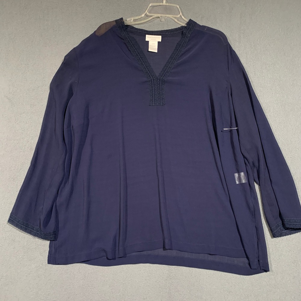 Worthington Woman 22W Blue‎ Long Sleeve Tunic Top Plus Size Lace Trim Sheer